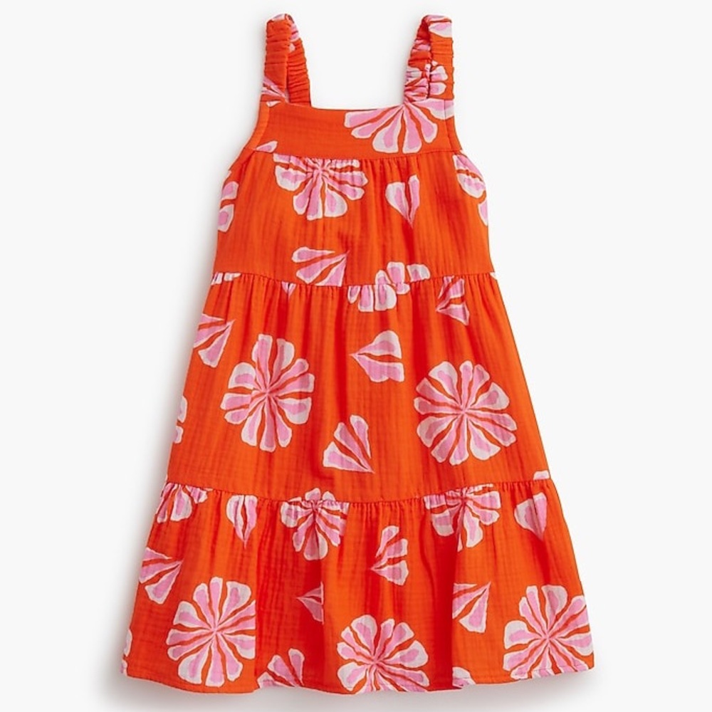 NWT Crewcuts Factory Girls’ Flower Gauze Tiered Dress in Bright Persimmon Multi - Picture 1 of 9